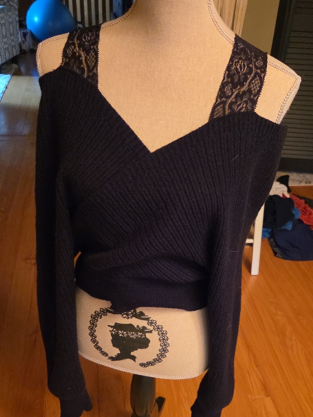 Black Knit Cold-Shoulder Sweater with Lace Straps